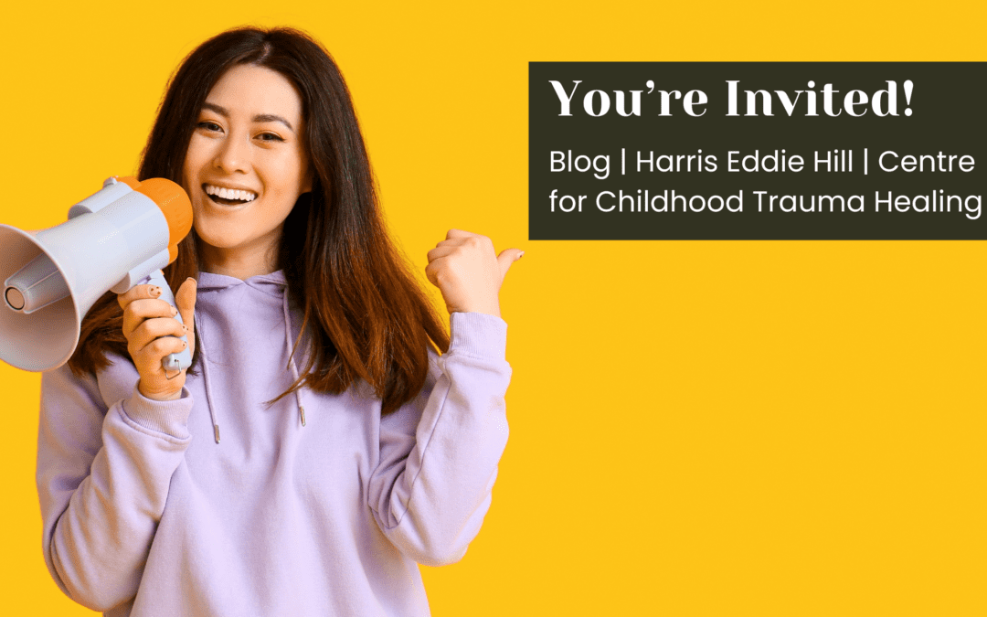 "You’re Invited!" person with a megaphone pointing at the title